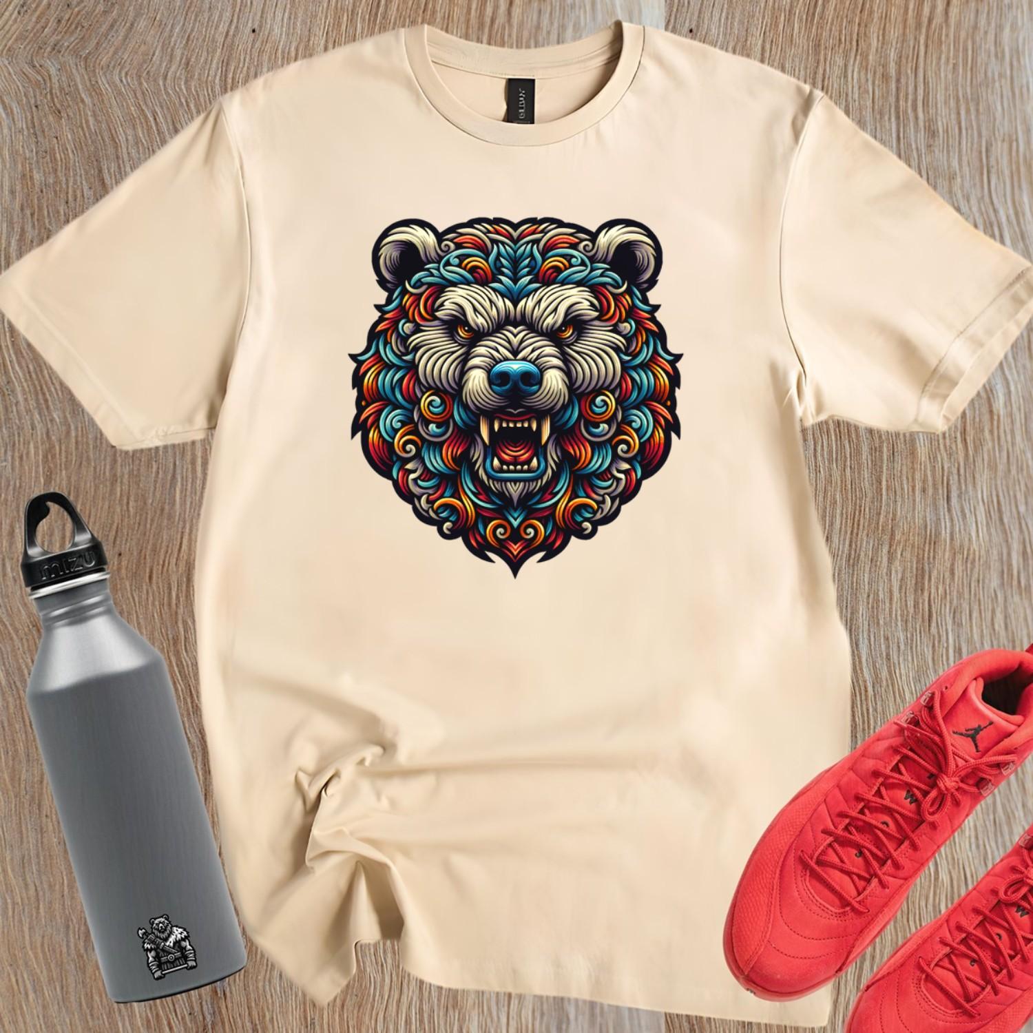 Alt text: "Intricately detailed Bear Emblem graphic on a bold gym T-shirt, symbolizing strength and determination for fitness enthusiasts."