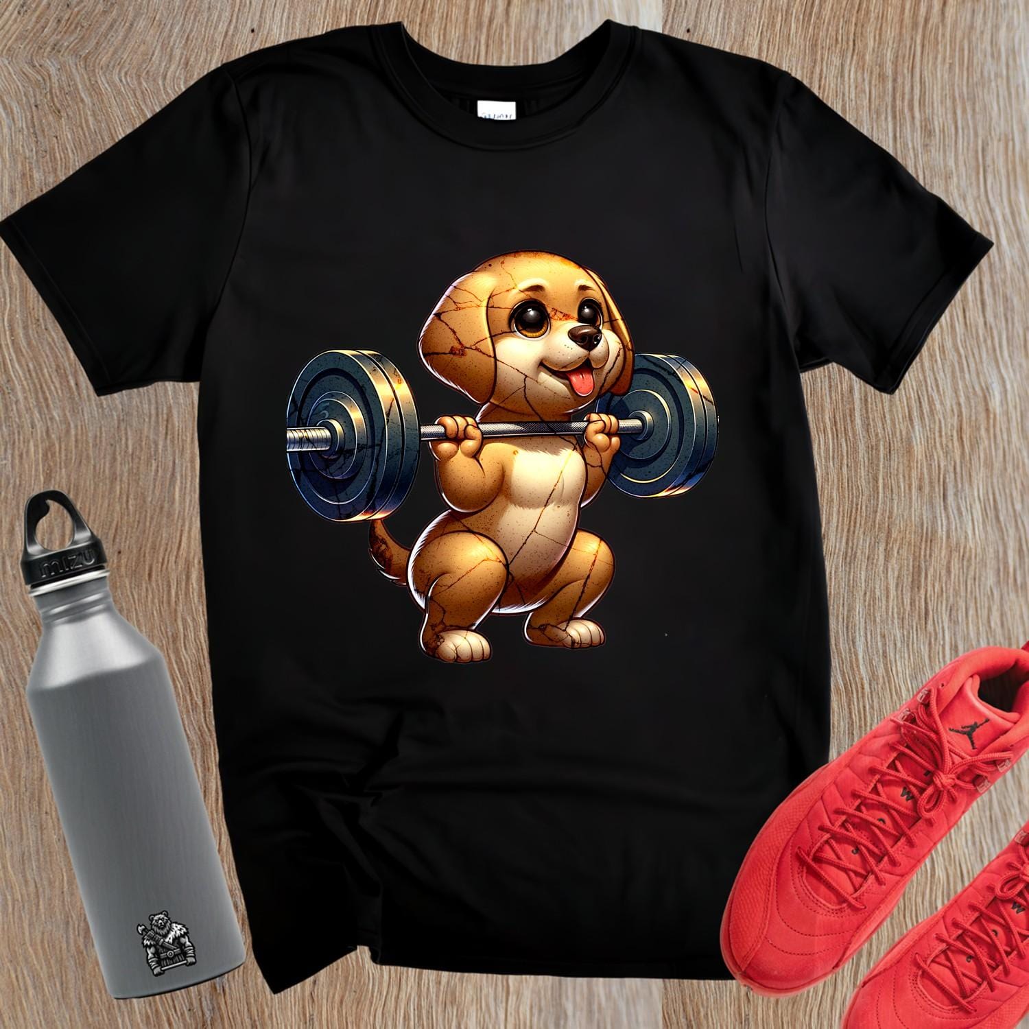 Vibrant gym T-shirt featuring an adorable lifting pup, combining motivation and fun. Perfect for workouts and casual outings.