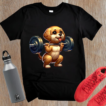 Vibrant gym T-shirt featuring an adorable lifting pup, combining motivation and fun. Perfect for workouts and casual outings.