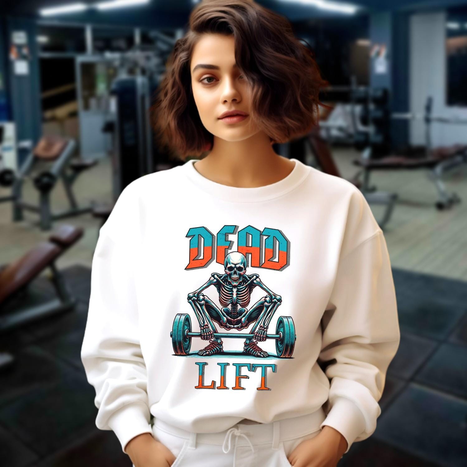 "Edgy 'Dead Lift' sweatshirt featuring a bold skeleton graphic, perfect for gym workouts and casual wear, showcasing strength and style."