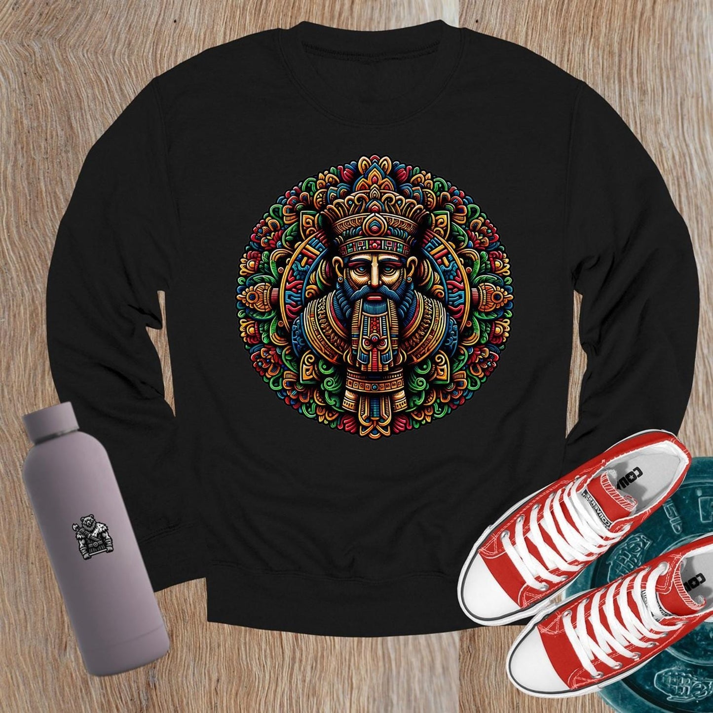 "Vibrant crewneck sweatshirt with dynamic graphic design celebrating strength and resilience, perfect for gym wear and casual outings."