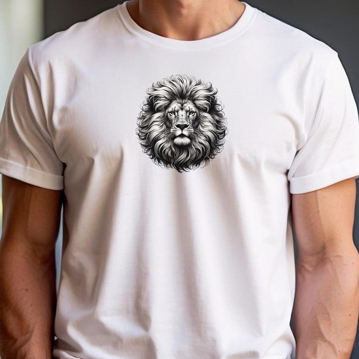 "Detail of a dynamic Lion T-Shirt featuring a powerful lion graphic, symbolizing strength and resilience for gym enthusiasts."
