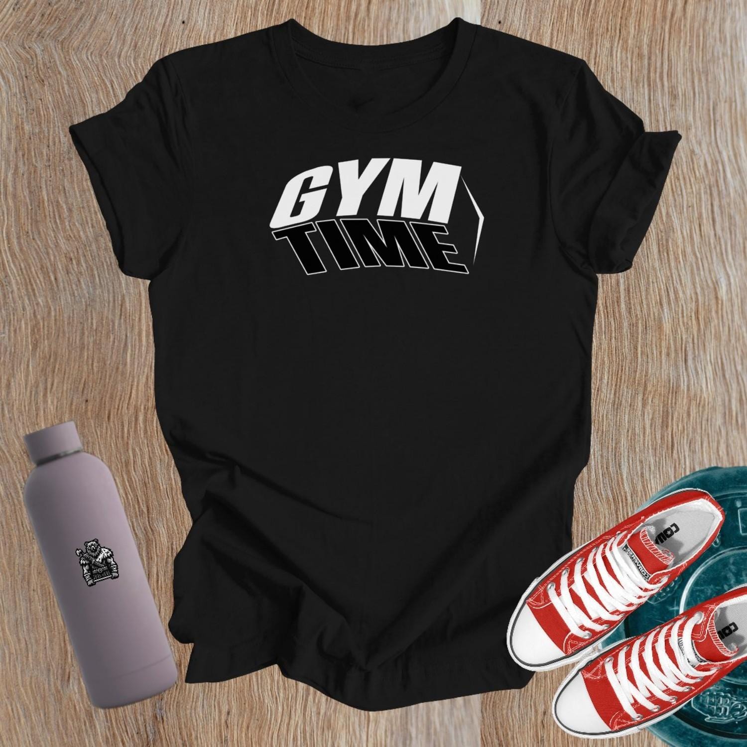 "Bold women's gym T-shirt featuring empowering 'Gym Time' design, tailored for comfort and a flattering fit, perfect for workouts."