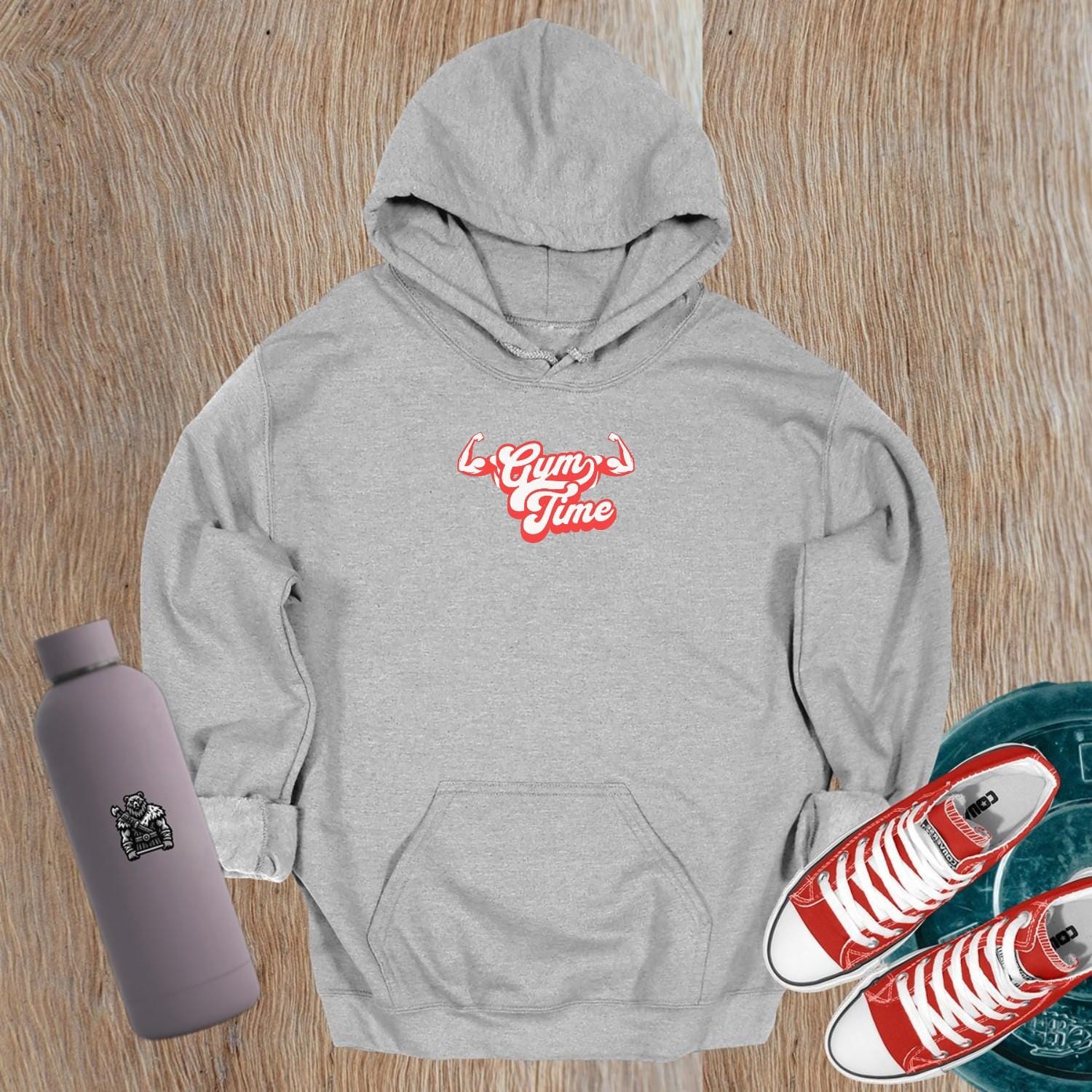 "Stylish 'Gym Time' hoodie featuring a bold graphic design, perfect for fitness enthusiasts. Ideal for workouts or casual wear."