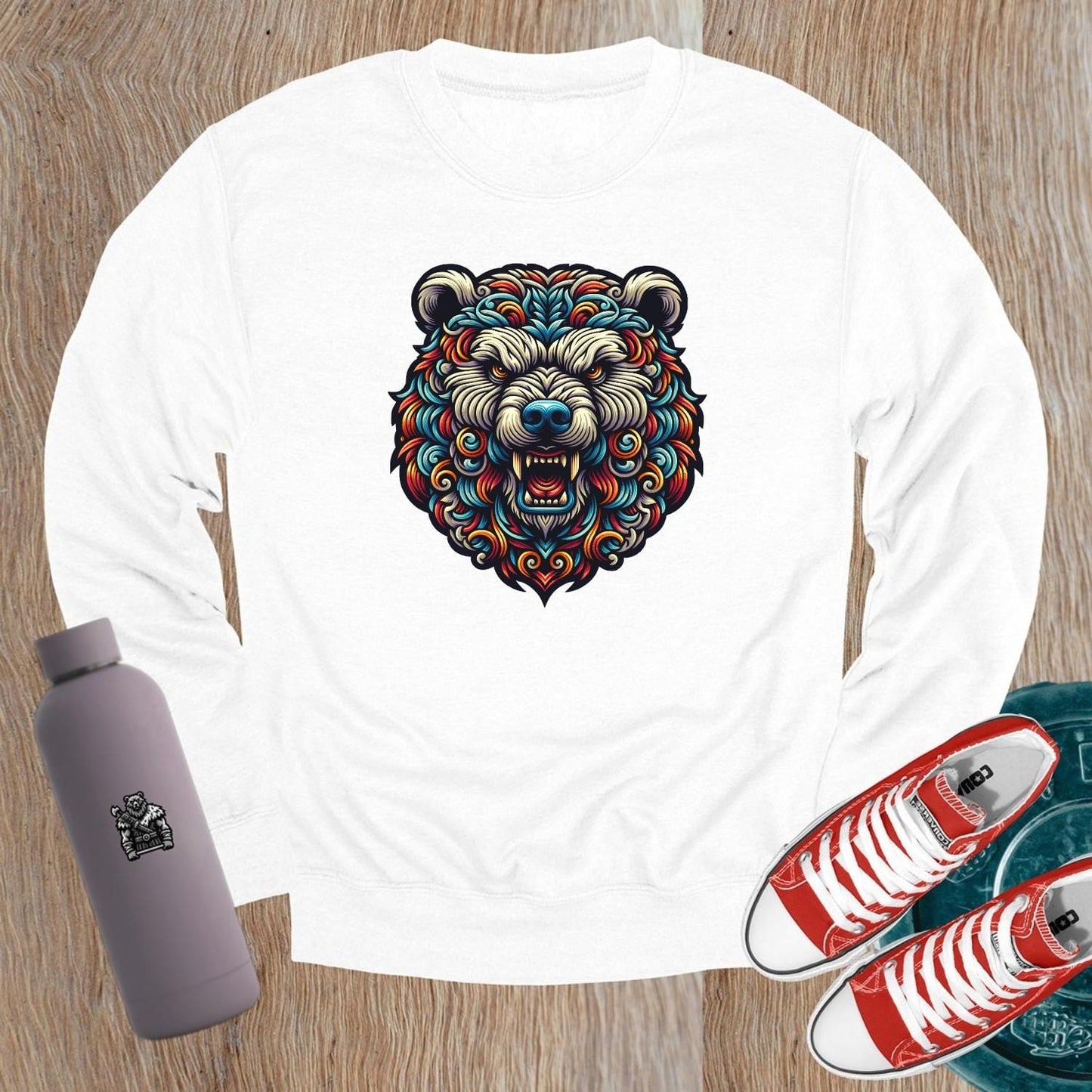 "Bold gym crewneck sweatshirt featuring a vibrant bear graphic symbolizing strength and ferocity, perfect for workouts and fitness enthusiasts."