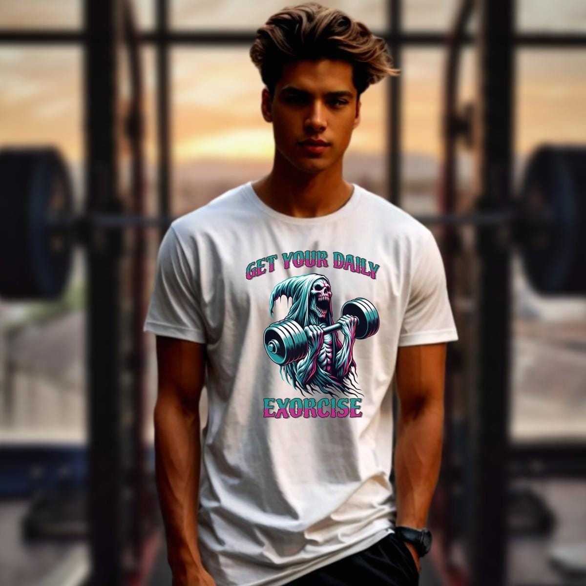 "Muted black T-shirt featuring a striking graphic of a skeleton lifting weights, promoting fitness motivation with a quirky style."