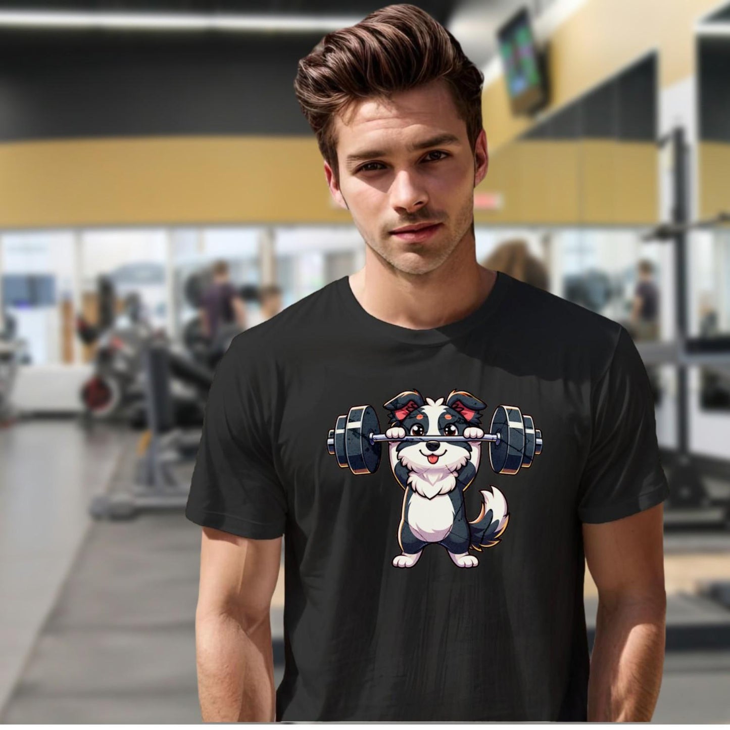 "Playful gym T-shirt with a cute pup lifting weights, vibrant design for fitness lovers, perfect for workouts and casual outings."