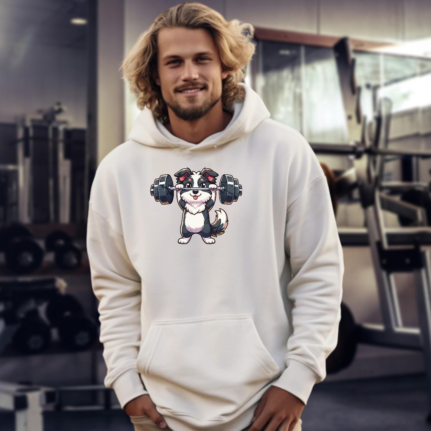 "Vibrant hoodie featuring an adorable lifting puppy, perfect for gym enthusiasts and dog lovers, blending comfort and playful style."