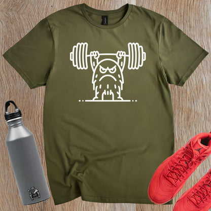 "Bold gym T-shirt featuring a fierce weightlifting monster design. Ideal for fitness enthusiasts, showcasing strength and motivation."