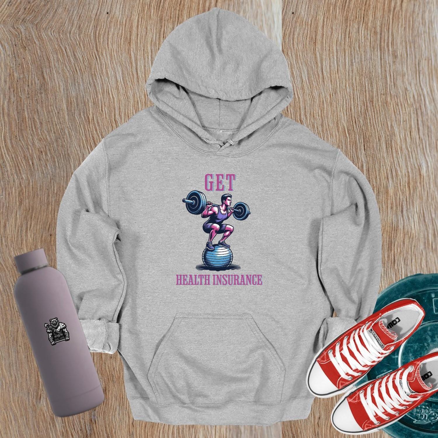 "Motivational gym hoodie featuring 'Get Health Insurance' graphic. Stylish, comfortable, perfect for workouts and fitness enthusiasts."