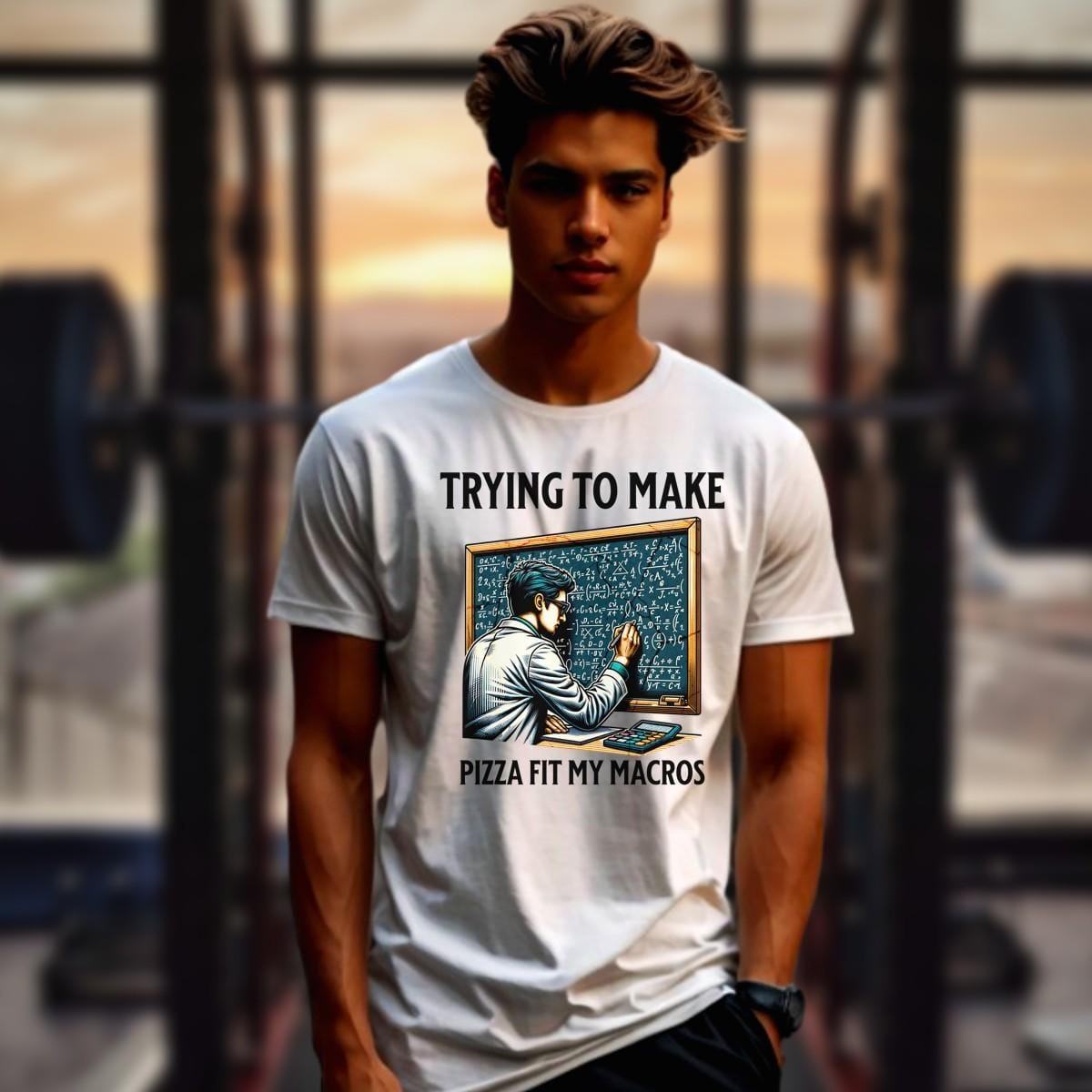Alt text: "Humorous gym T-shirt design featuring a lab-coated character calculating pizza macros, perfect for fitness enthusiasts who love food."