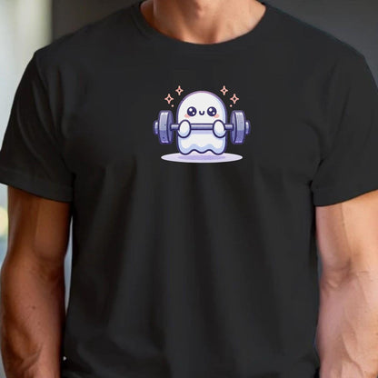 "Playful ghost lifting weights design on gym T-shirt, blending fitness motivation with whimsical charm for workout and casual wear."
