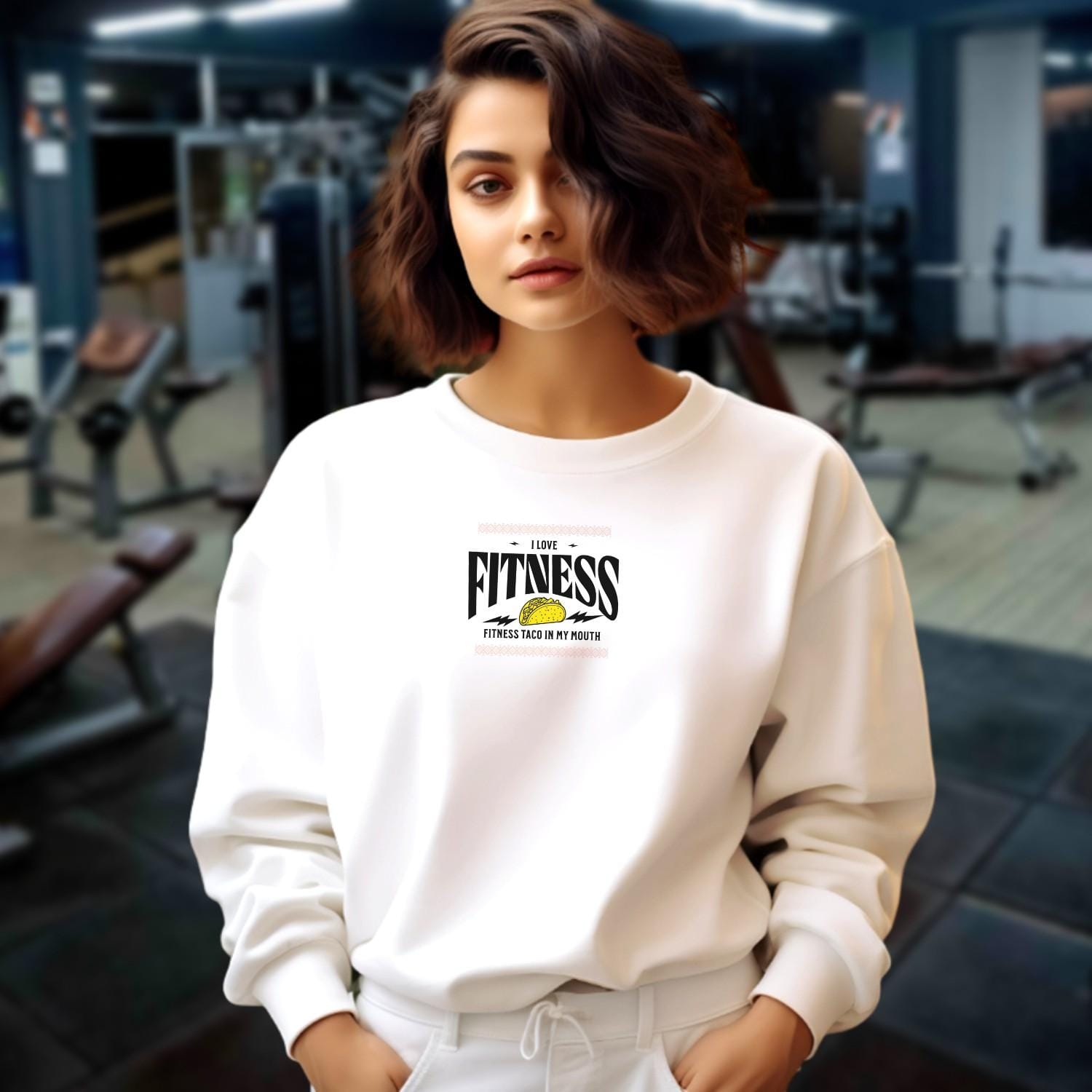 "Vibrant Taco Sweatshirt featuring a playful taco graphic, ideal for gym sessions and casual lounging. Fits all body types."