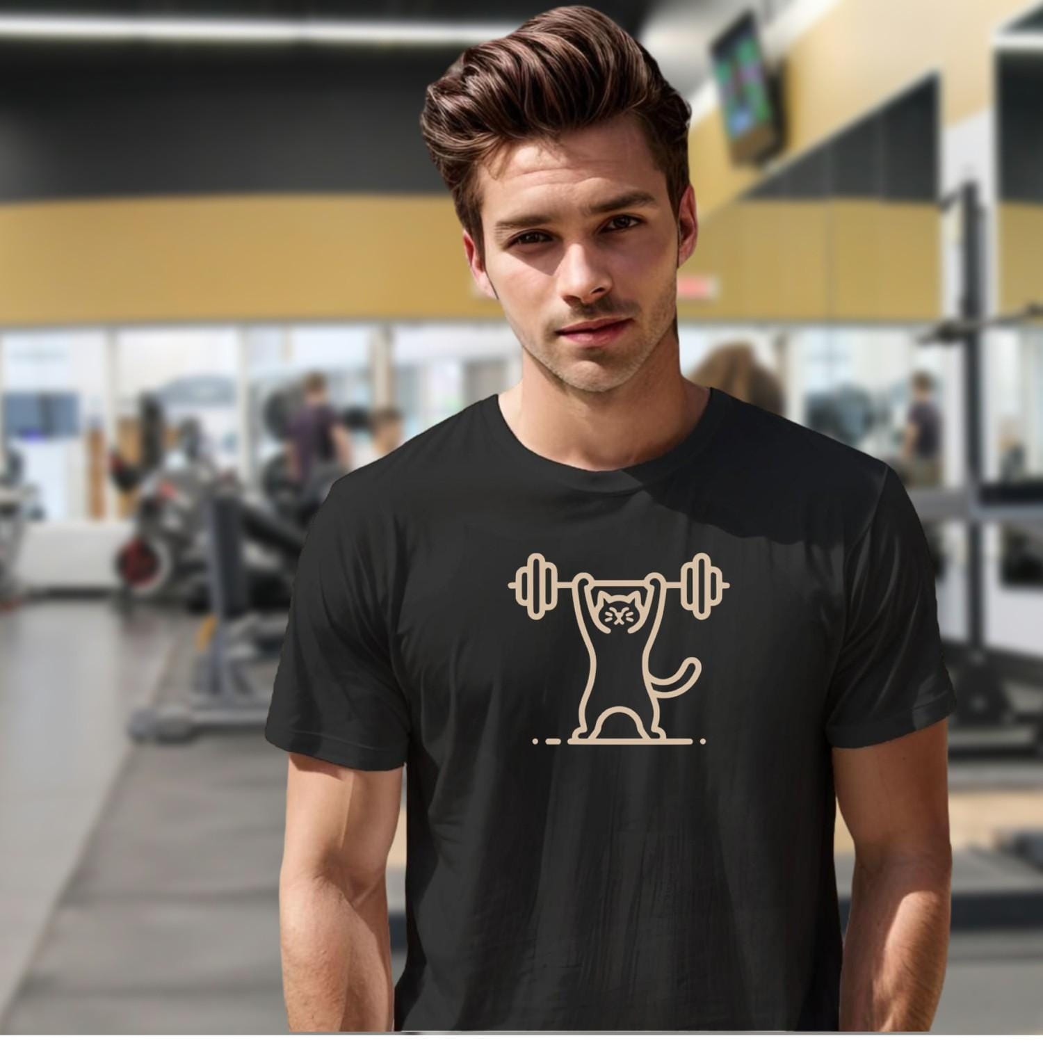 Alt text: "Funny Cat Lifting Weights T-shirt featuring a determined cat showcasing strength, perfect for fitness enthusiasts and gym lovers."