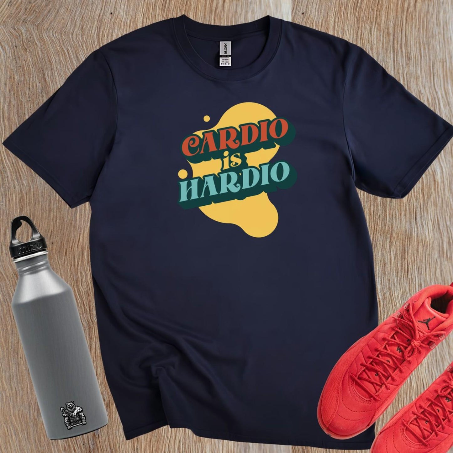Alt text: "Energetic fitness T-shirt featuring bold 'Cardio is Hardio' slogan, perfect for gym enthusiasts, motivating workouts and casual wear."