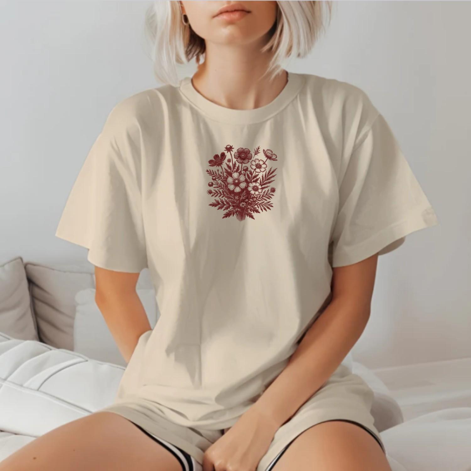 "Floral gym T-shirt featuring vibrant blooms on a sleek black background, perfect for workouts or casual outings. Stylish fitness wear."