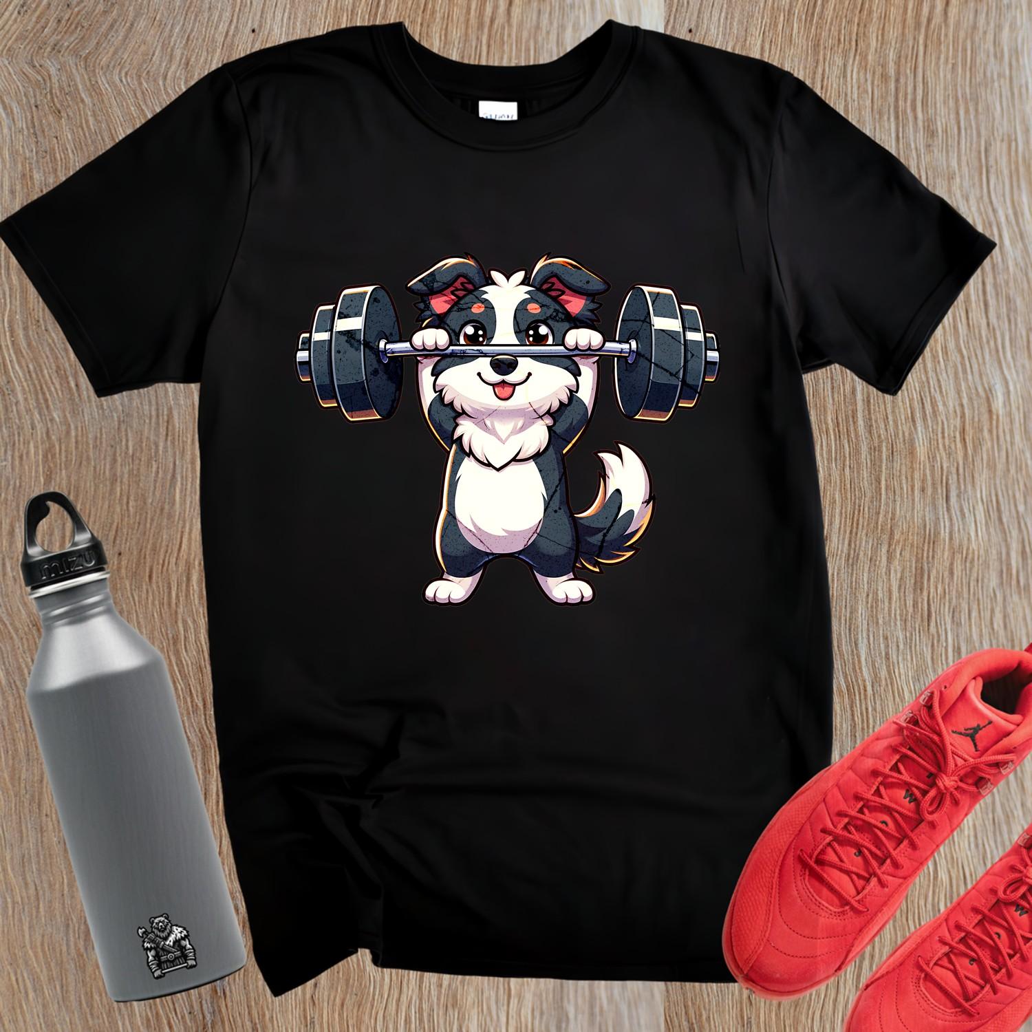 "Playful gym T-shirt with a cute pup lifting weights, vibrant design for fitness lovers, perfect for workouts and casual outings."