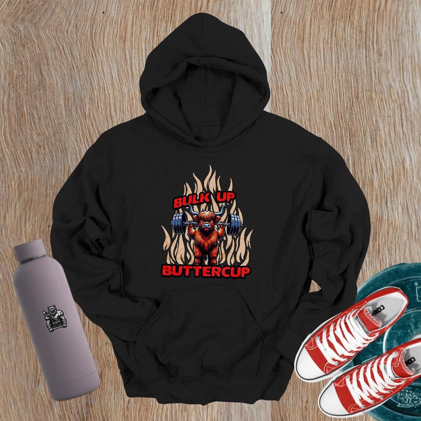 "Bulk Up Buttercup hoodie featuring a bold graphic design showcasing strength and fitness motivation, perfect for gym enthusiasts."