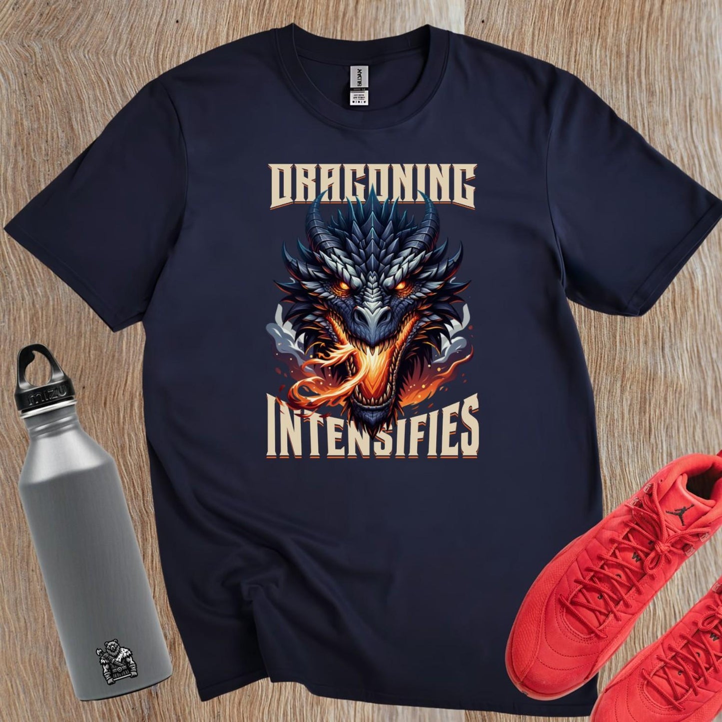 "Fierce graphic T-shirt featuring a fiery dragon design, ideal for gym workouts, showcasing strength, determination, and fitness passion."