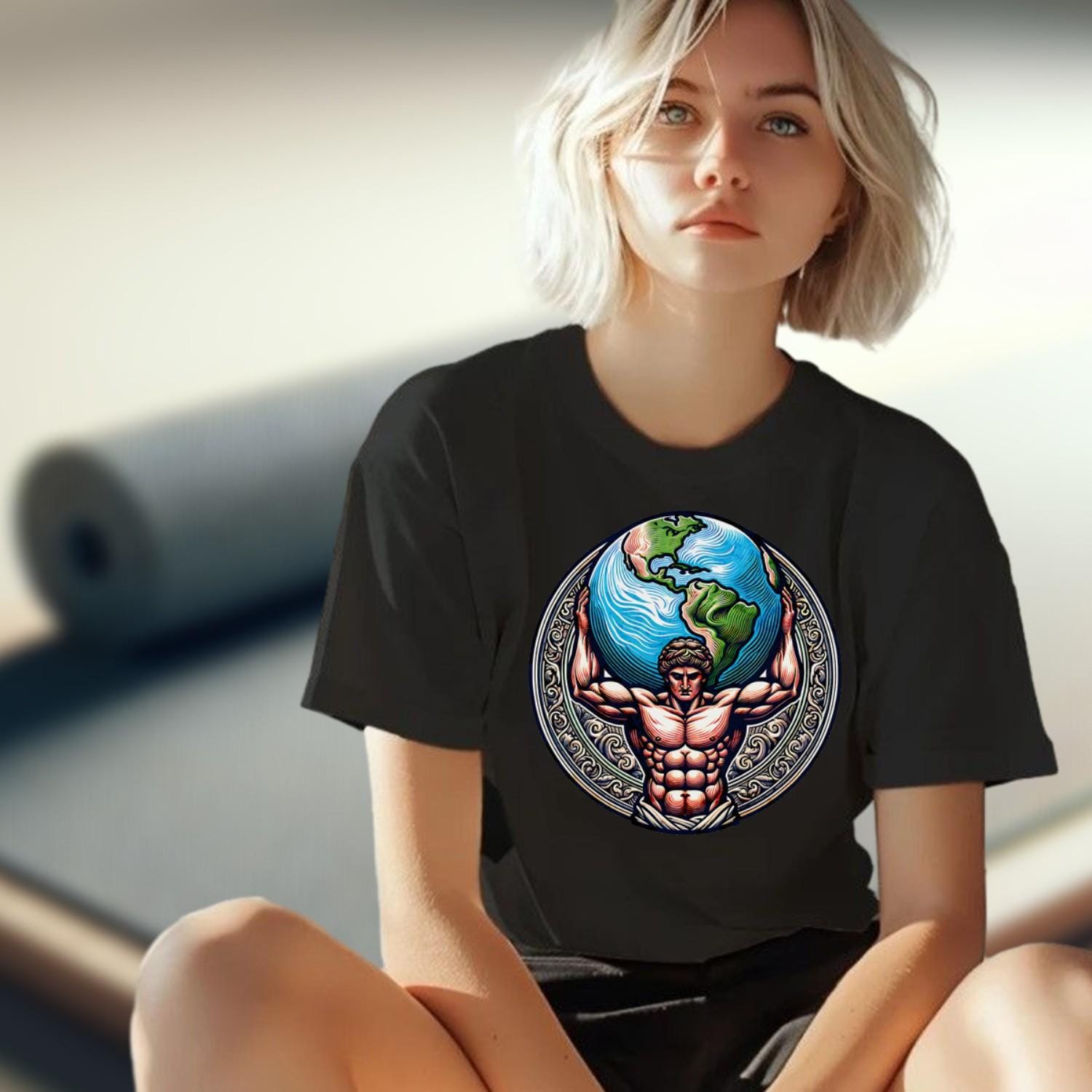 "Gym T-shirt featuring a strong figure holding the world, symbolizing strength and resilience, perfect for fitness enthusiasts."