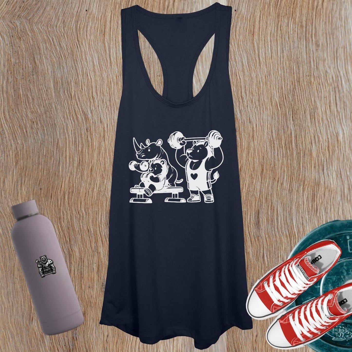 "Whimsical women's tank top featuring a playful animal gym crew, perfect for workouts or casual outings, combining style and comfort."