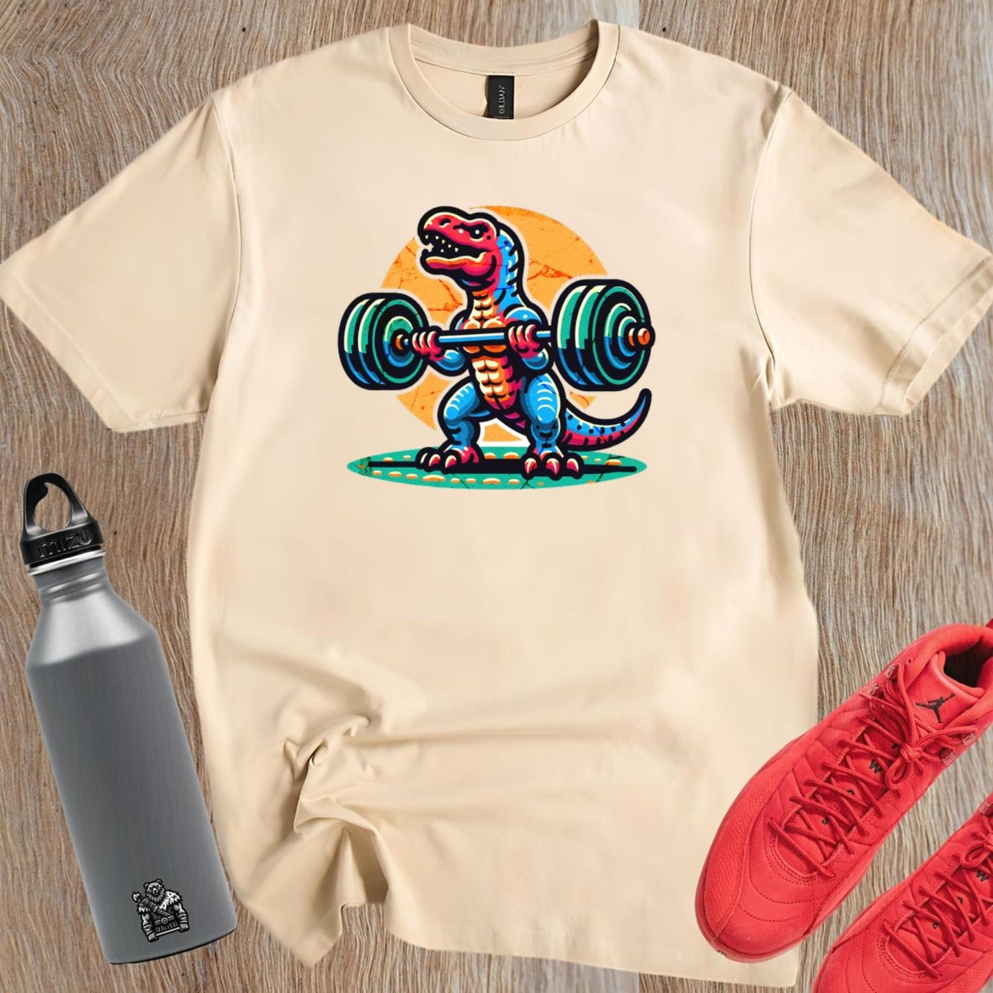 "Fierce dinosaur gym T-shirt featuring a vibrant dinosaur lifting weights, perfect for fitness enthusiasts who want to stand out."