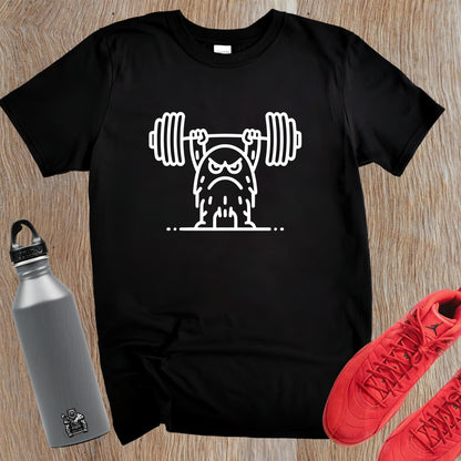 "Bold gym T-shirt featuring a fierce weightlifting monster design. Ideal for fitness enthusiasts, showcasing strength and motivation."