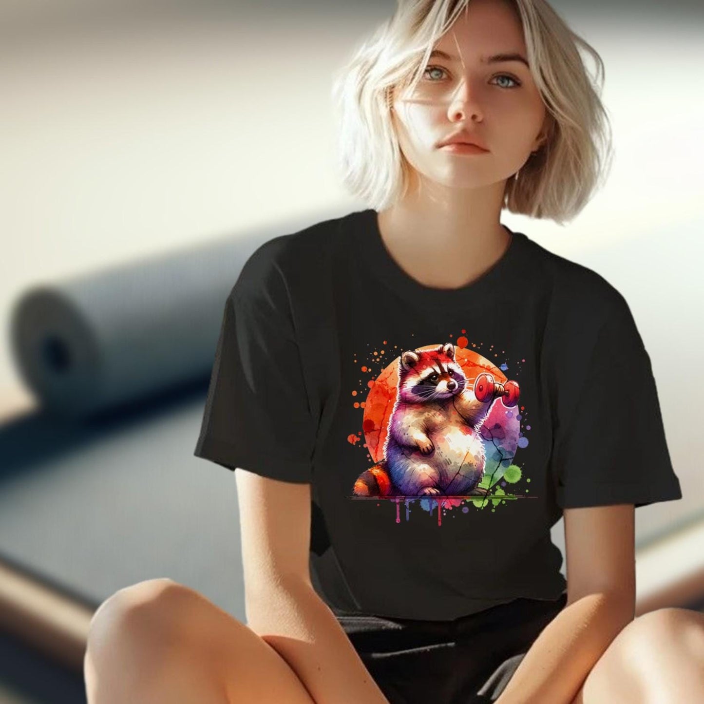 "Whimsical raccoon lifting weights on a vibrant gym T-shirt, perfect for fitness lovers and animal enthusiasts. Stylish workout attire."