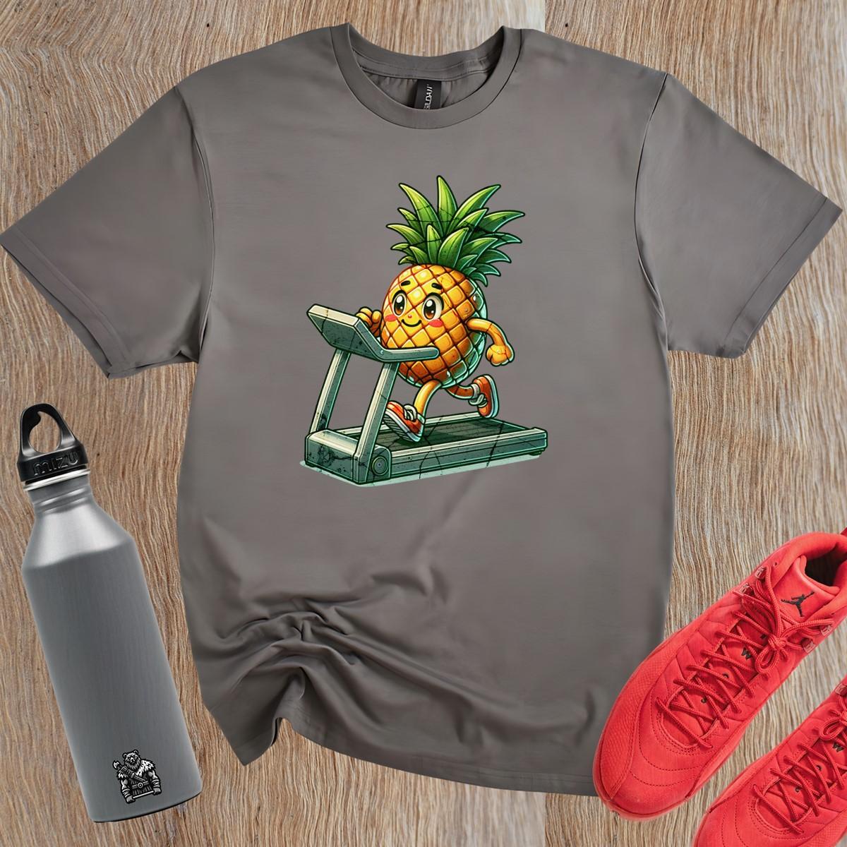 "Playful pineapple sprinting on a treadmill graphic T-shirt for gym enthusiasts; vibrant design enhances workout motivation and style."