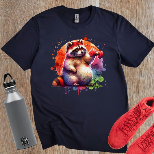 "Whimsical raccoon lifting weights on a vibrant gym T-shirt, perfect for fitness lovers and animal enthusiasts. Stylish workout attire."