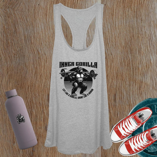 "Women's fitness tank top featuring a fierce gorilla graphic, embodying strength and determination, perfect for gym workouts."