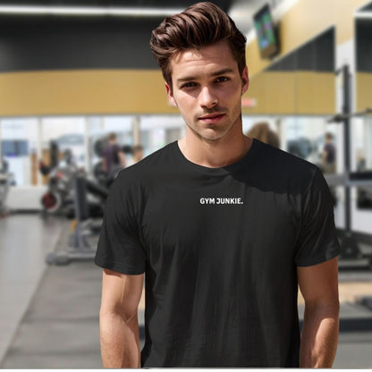 "Bold 'Gym Junkie' T-shirt featuring stylish typography, perfect for fitness enthusiasts. Ideal for workouts or casual outings."