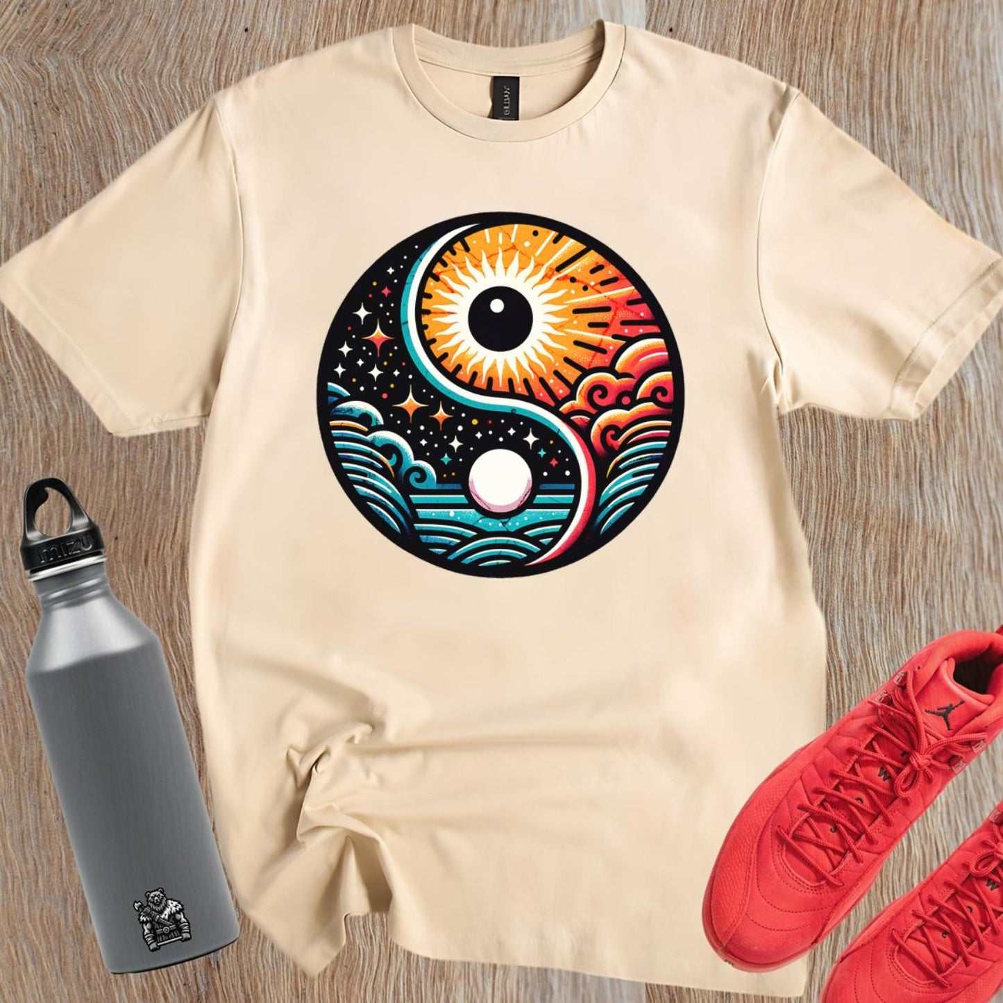 "Dynamic yin-yang graphic T-shirt for workouts, symbolizing balance and strength. Perfect for lifting or yoga, showcasing fitness style."
