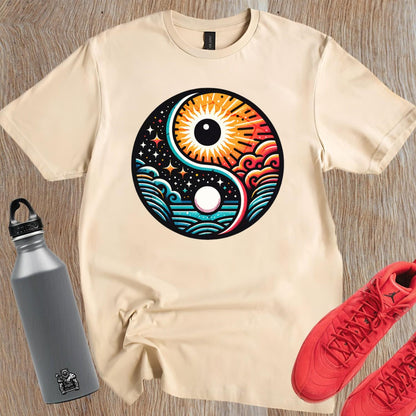 "Dynamic yin-yang graphic T-shirt for workouts, symbolizing balance and strength. Perfect for lifting or yoga, showcasing fitness style."