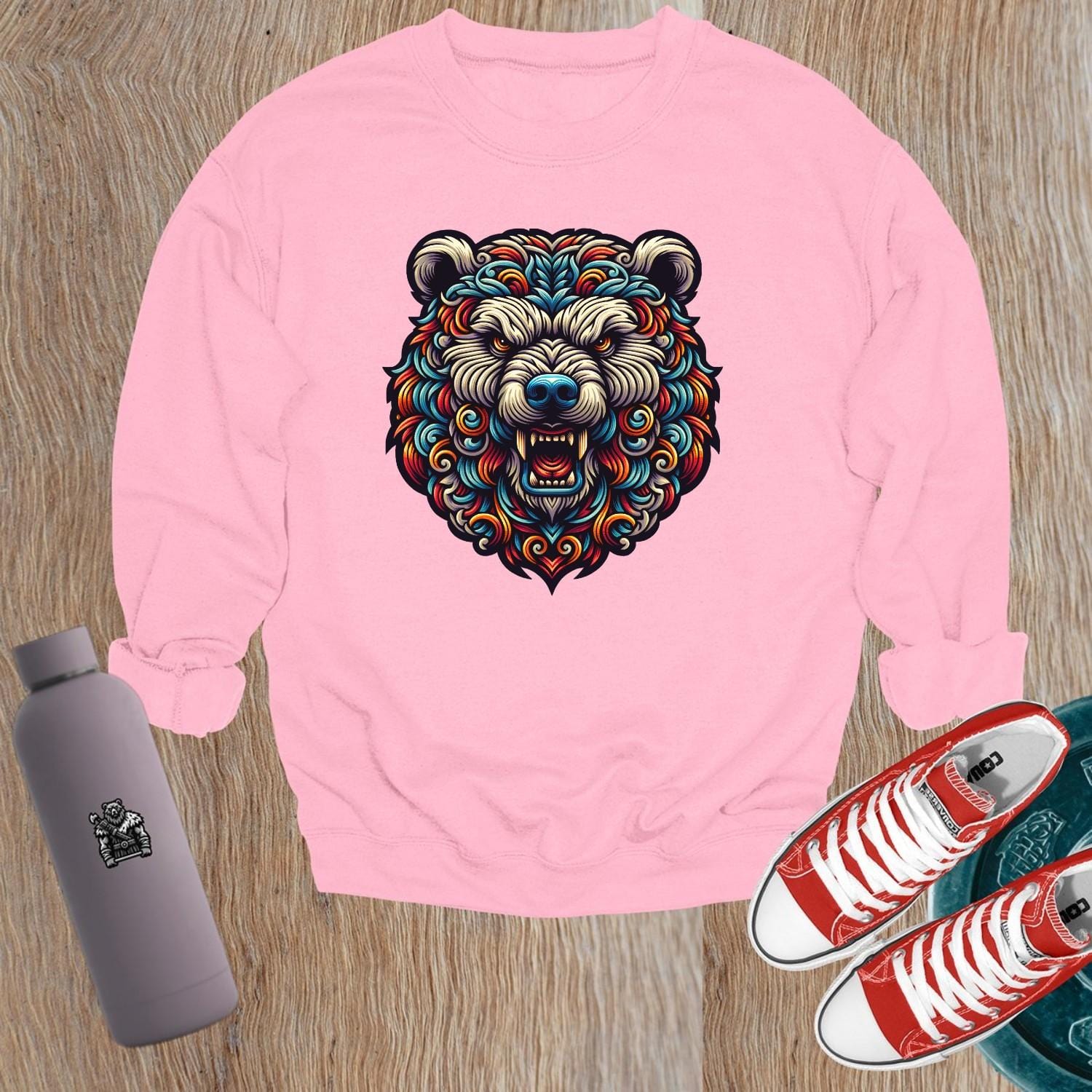 "Bold gym crewneck sweatshirt featuring a vibrant bear graphic symbolizing strength and ferocity, perfect for workouts and fitness enthusiasts."