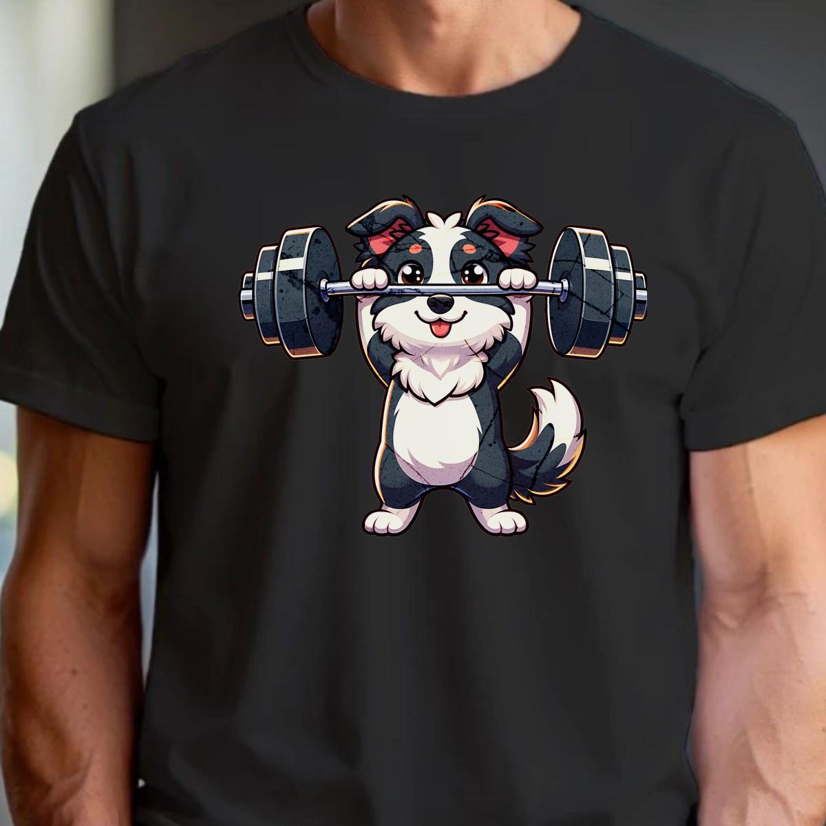 "Playful gym T-shirt with a cute pup lifting weights, vibrant design for fitness lovers, perfect for workouts and casual outings."