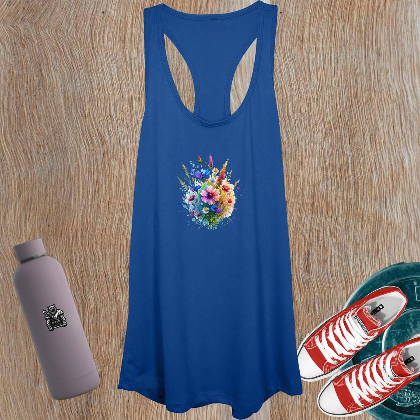 "Vibrant women's floral tank top for workouts, showcasing a chic design. Perfect for fitness enthusiasts, stylish comfort for gym or errands."