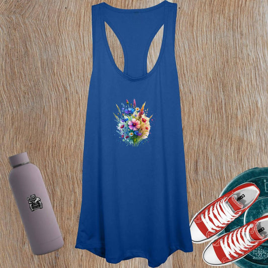 "Vibrant women's floral tank top for workouts, showcasing a chic design. Perfect for fitness enthusiasts, stylish comfort for gym or errands."