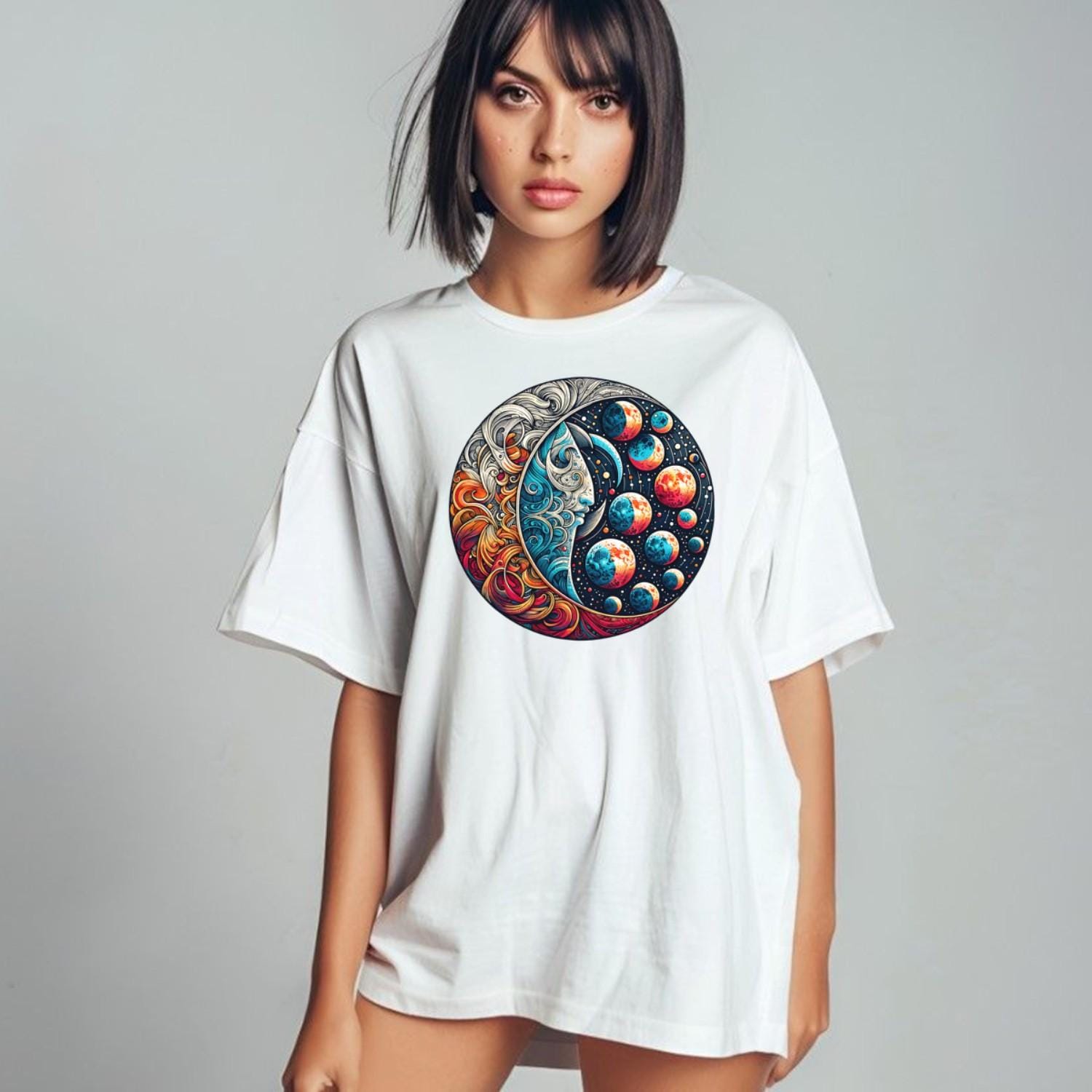 "Vibrant Cosmic Flow T-Shirt featuring an intricate graphic of strength and serenity, perfect for workouts and casual outings."