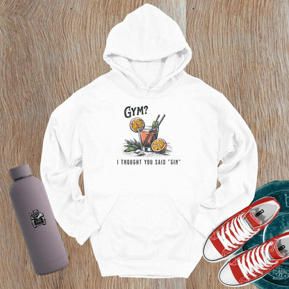 “Playful 'Gym? I Thought You Said ‘Gin’' hoodie featuring vibrant graphics, perfect for stylish workouts and casual outings.”