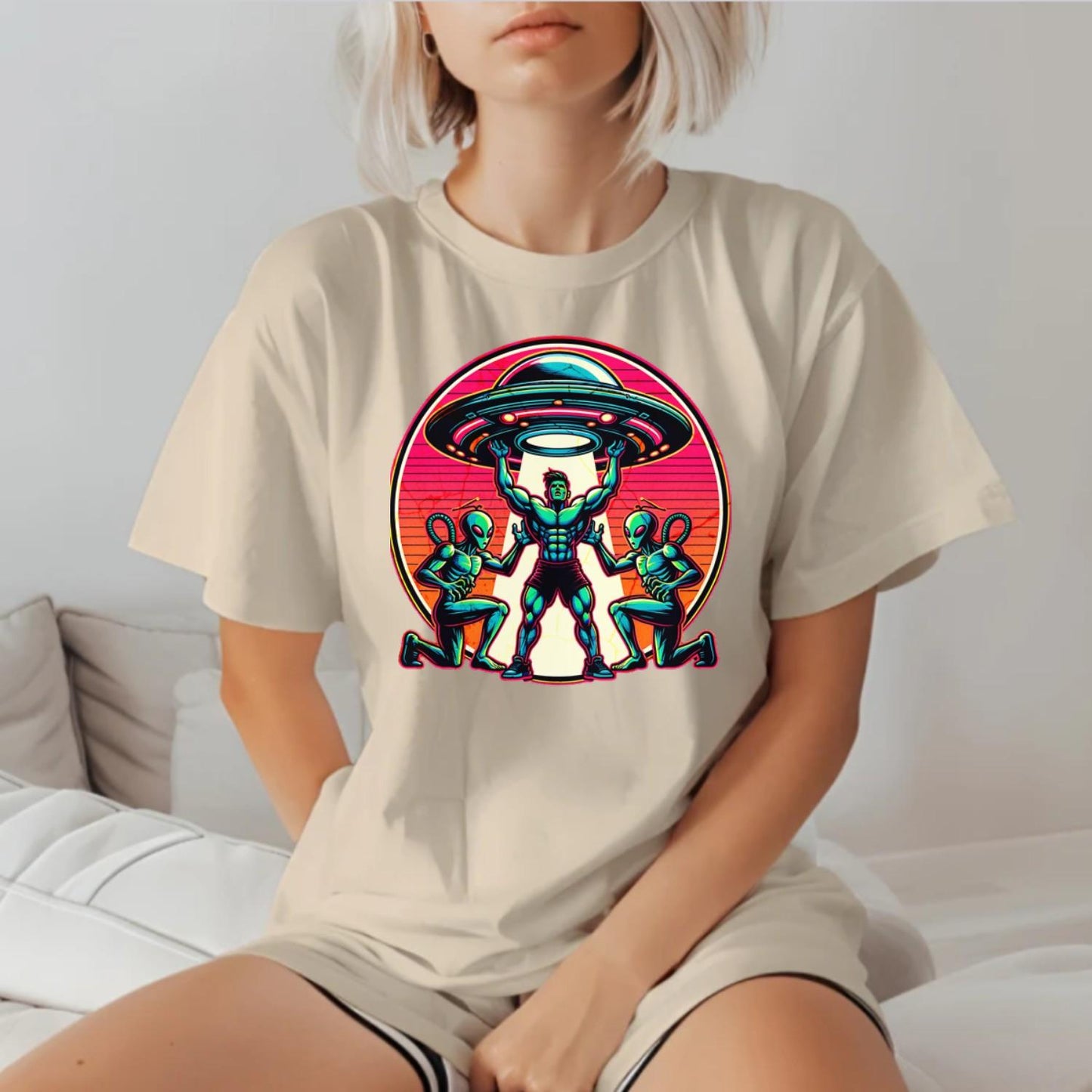 "Vibrant alien-themed gym T-shirt featuring bold graphics, perfect for fitness enthusiasts aiming to inspire confidence and creativity."