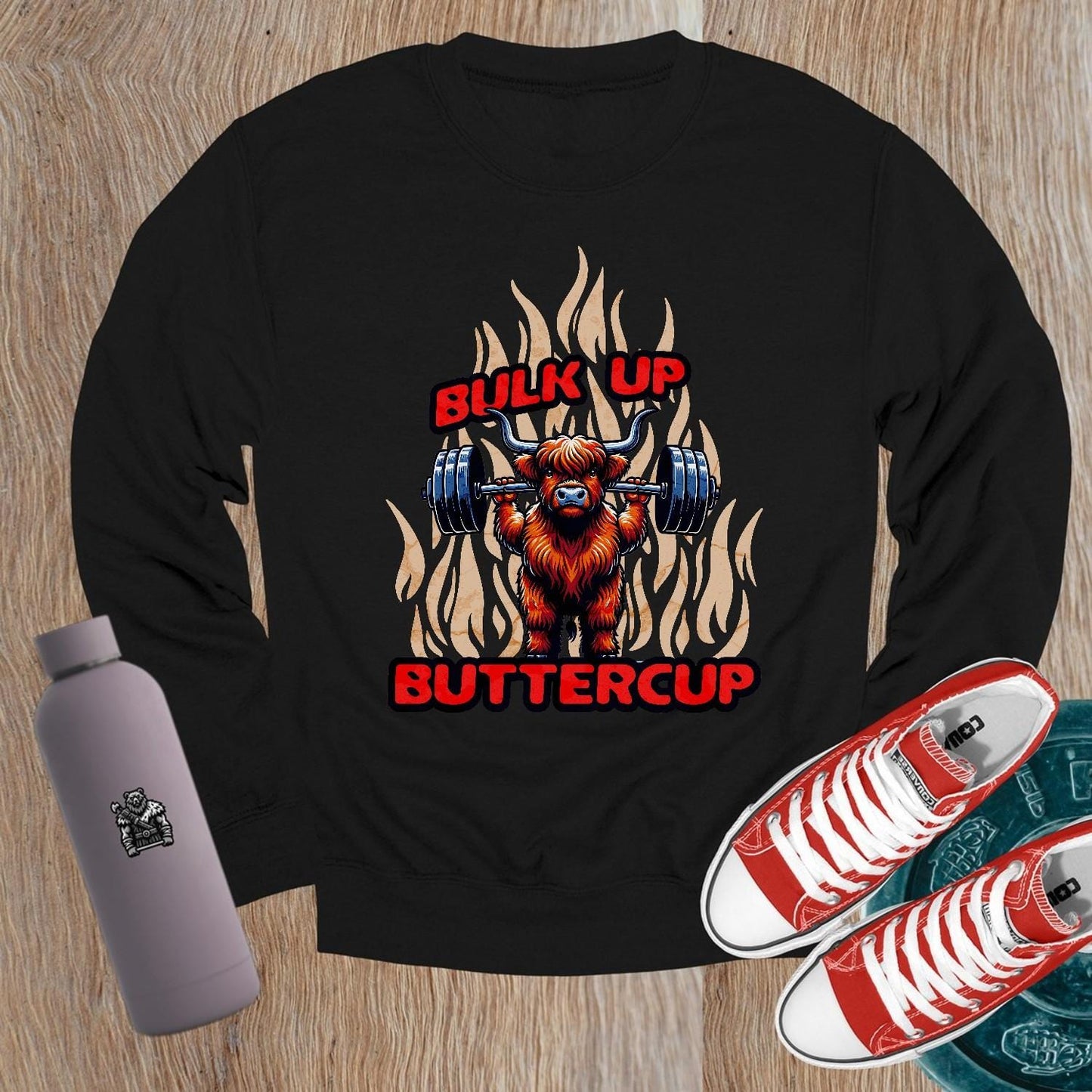 "Graphic crewneck sweatshirt featuring 'Bulk Up Buttercup' design, perfect for gym workouts or casual wear, inspiring fit lifestyle."