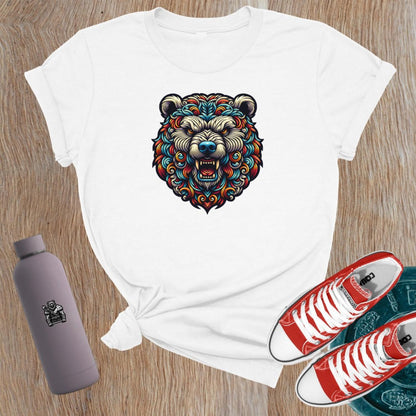 "Fierce Bear Gym T-Shirt for women, featuring an intricate bear graphic symbolizing strength, resilience, and empowerment for lifters."