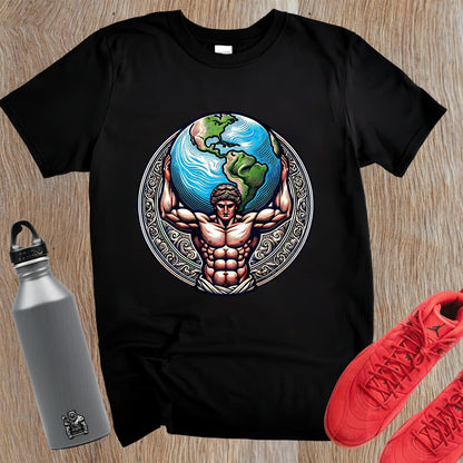 "Gym T-shirt featuring a strong figure holding the world, symbolizing strength and resilience, perfect for fitness enthusiasts."
