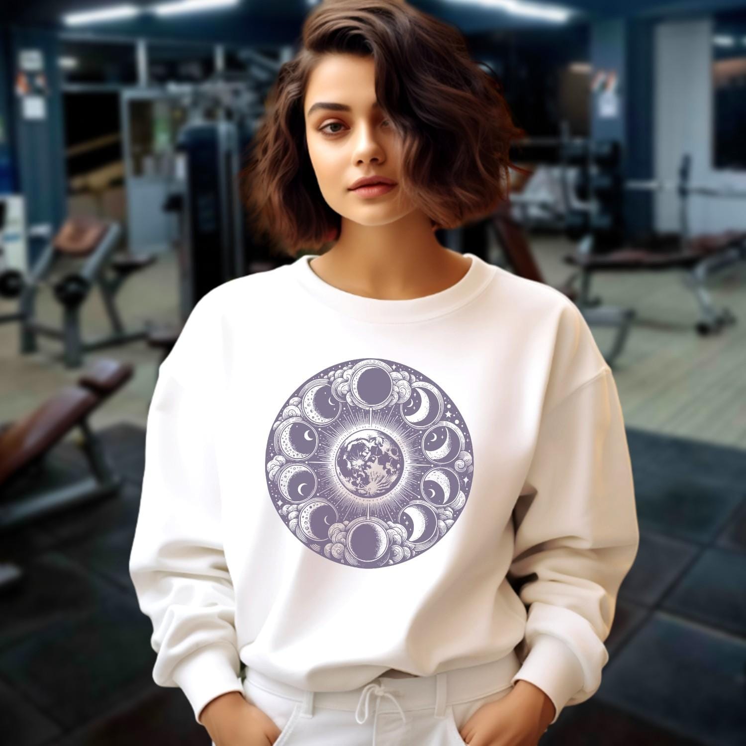 "Moon Phase Sweatshirt showcasing a celestial design with moon phases, perfect for gym workouts and yoga, blending style and comfort."