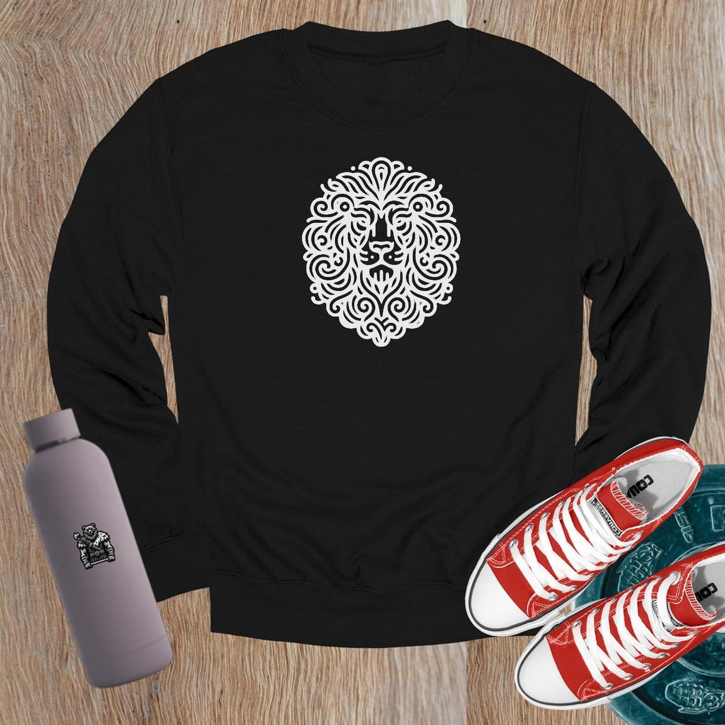 "Graphic lion design crewneck sweatshirt for gym and casual wear. Stylish, comfortable, and motivational apparel for fitness enthusiasts."