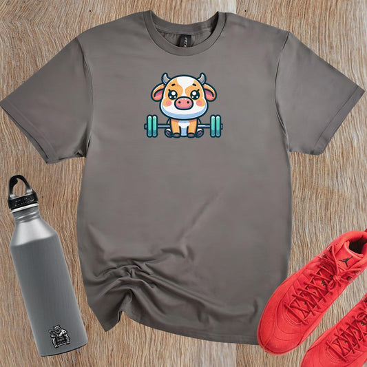 "Adorable gym T-shirt design featuring a playful weightlifting cow, perfect for workouts and leisure. Unique fitness apparel for fun."