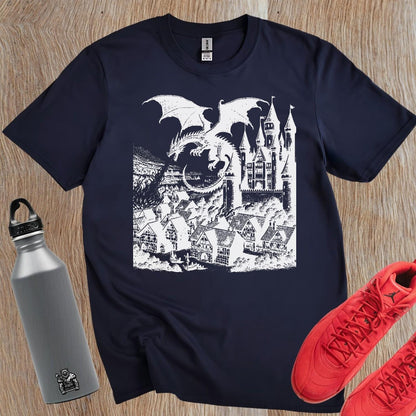 "Fierce dragon soaring over a mystical castle on a bold gym T-shirt, inspiring strength and confidence for workouts and casual outings."