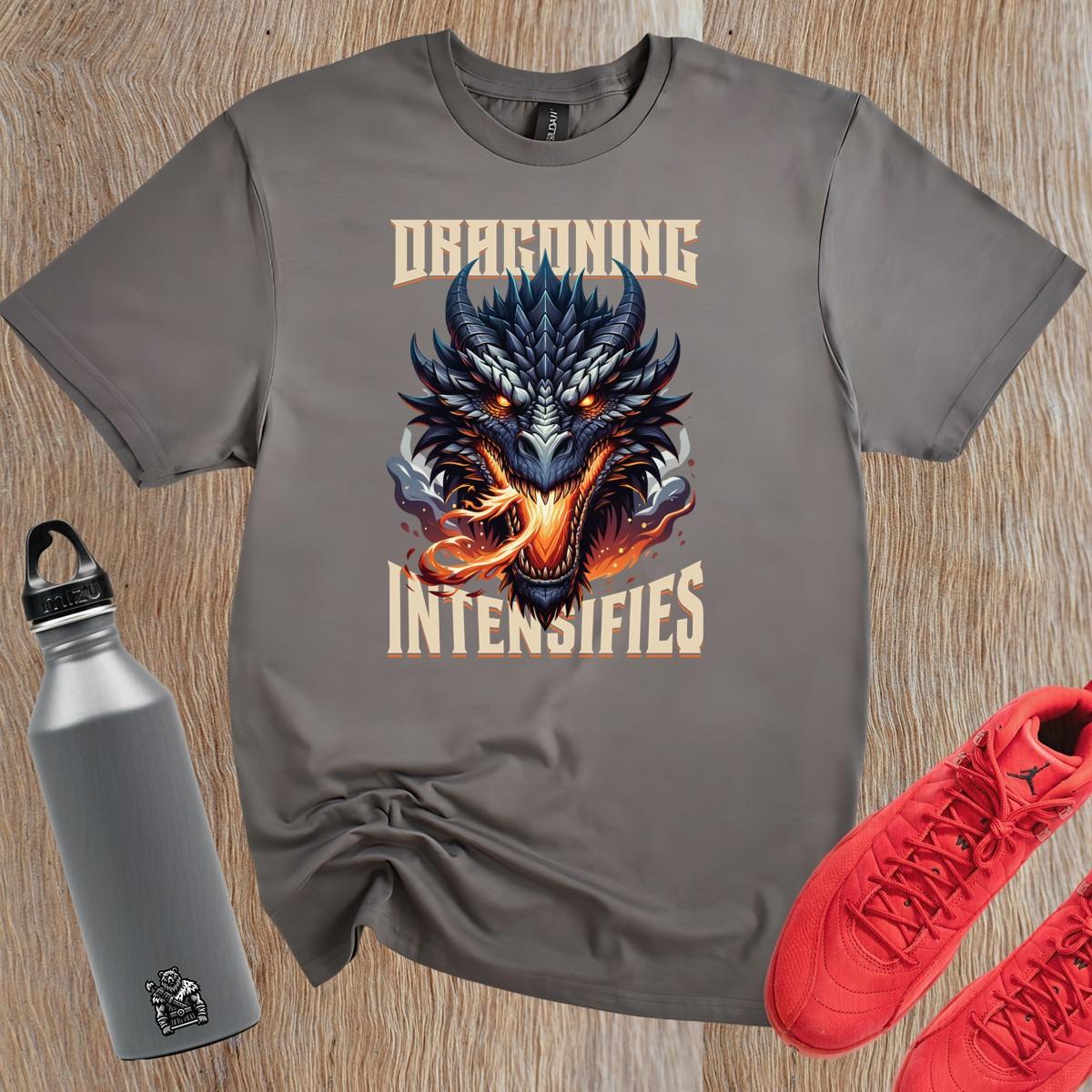 "Fierce graphic T-shirt featuring a fiery dragon design, ideal for gym workouts, showcasing strength, determination, and fitness passion."