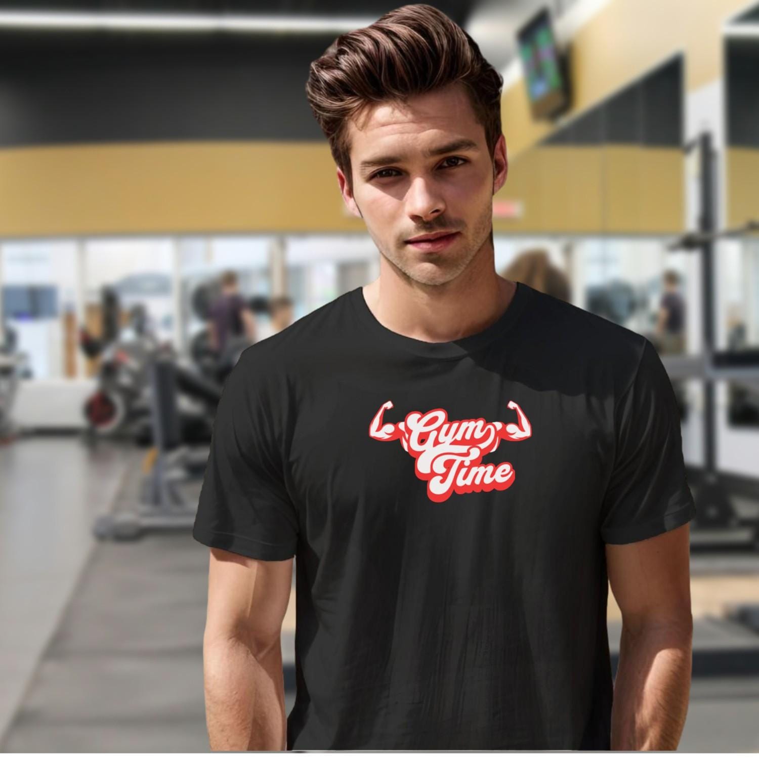 Alt text: "Bold 'Gym Time' T-shirt for fitness enthusiasts, featuring an eye-catching design that symbolizes strength and determination in workouts."